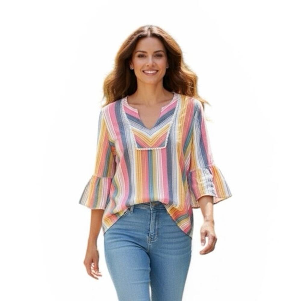Rebecca Malone Top Women’s Large 70’s Retro Pastel Striped Lace Trim Bright Boho